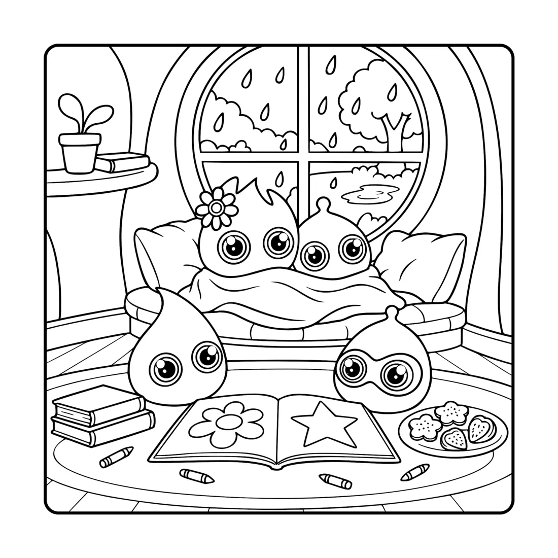 The Snarphs reading together by a rainy window